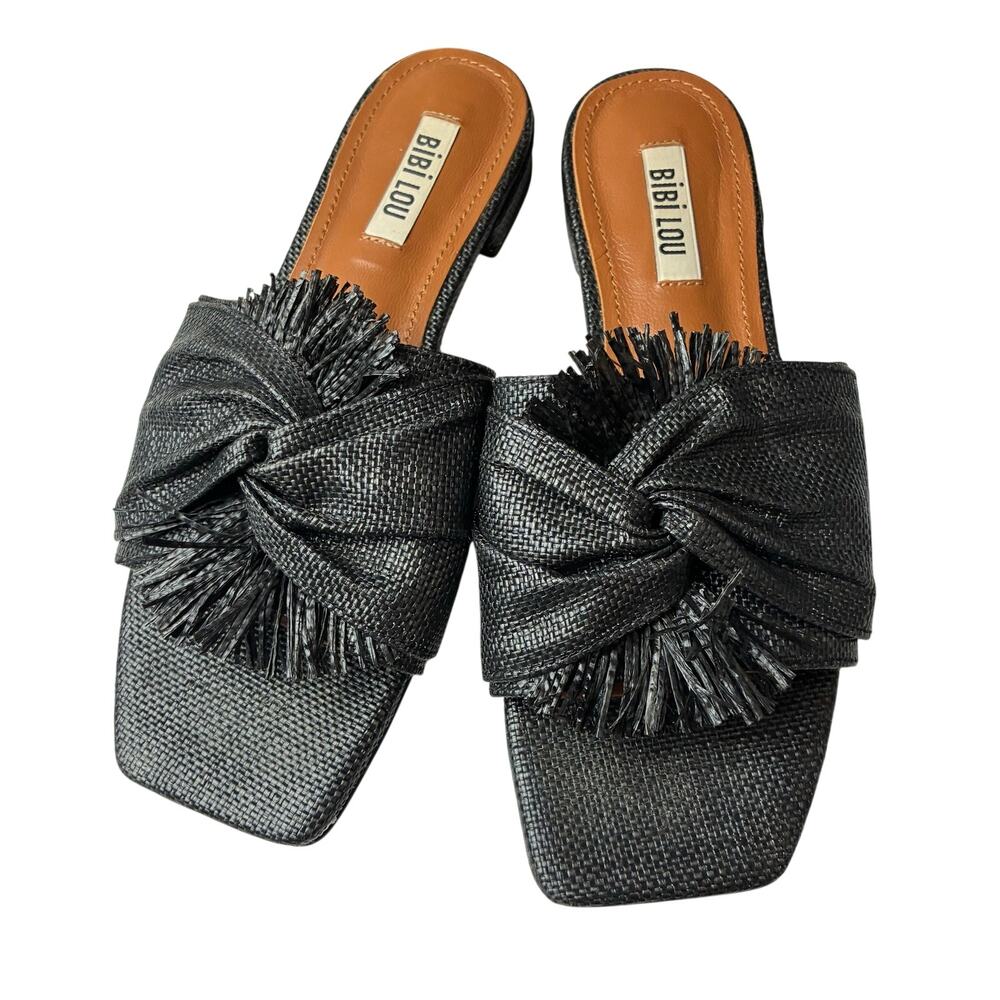 Bibi Lou Anthropologie Black Woven Slides Womens Size EU 37/US 7 Twist Fringe